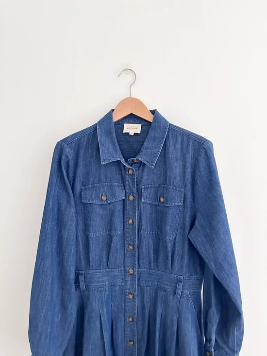 Sezane Gwen Denim Dress Organic Cotton Button Front Midi French Girl Classic 12 - Picture 3 of 11